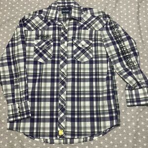 Wrangler Pro Rodeo Pearl Snap Shirt Men’s Large Purple and White Plaid Embrd